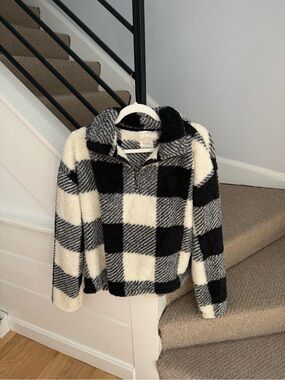 Cozy Black & White Buffalo Check Sherpa Pullover